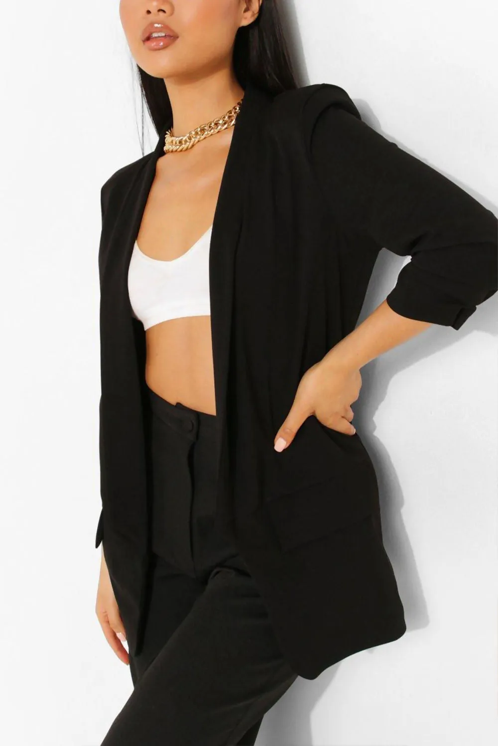 BLACK RUCHED SLEEVE BLAZER