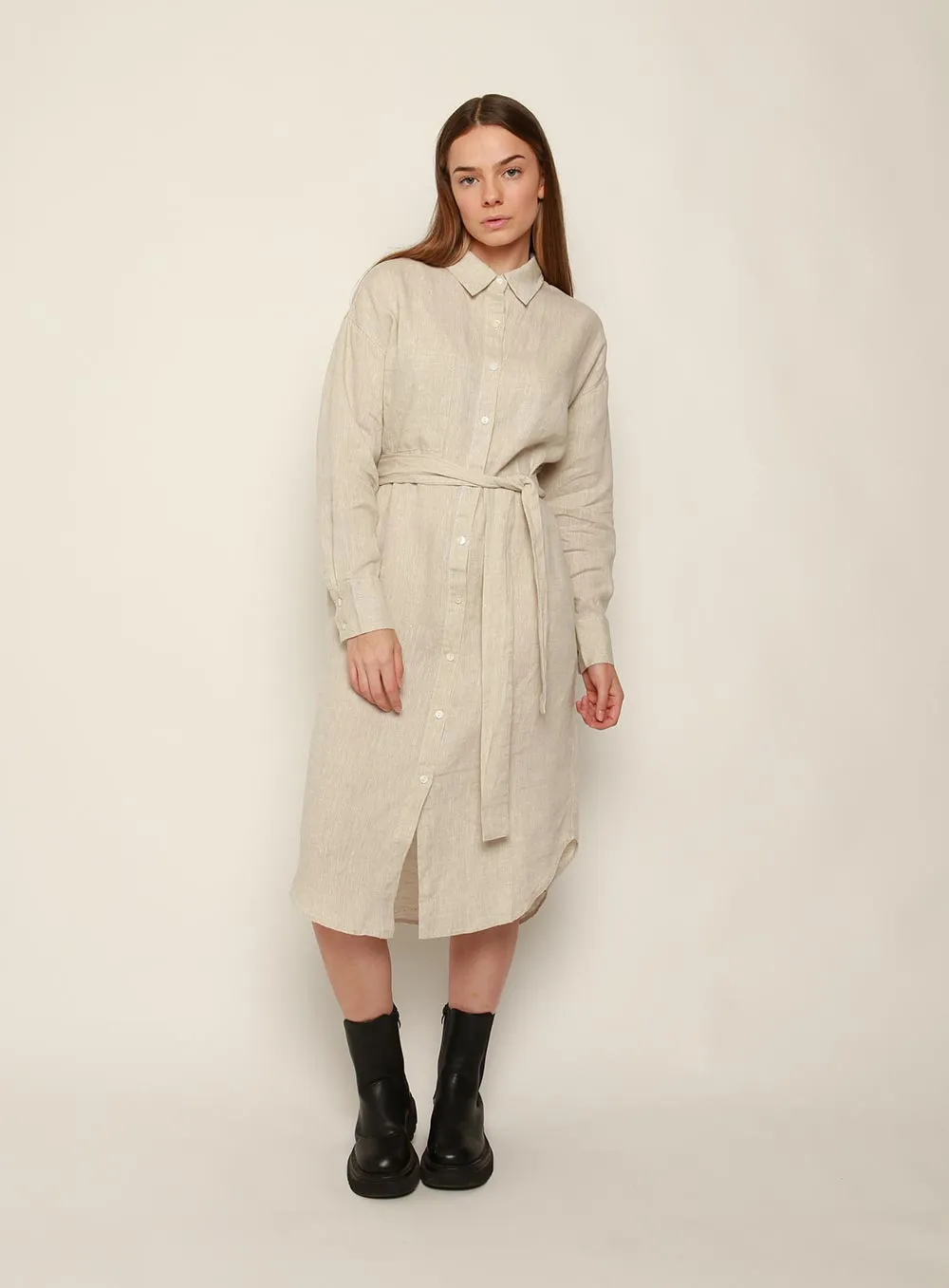 Fiona Midi Linen Dress-OATMEAL