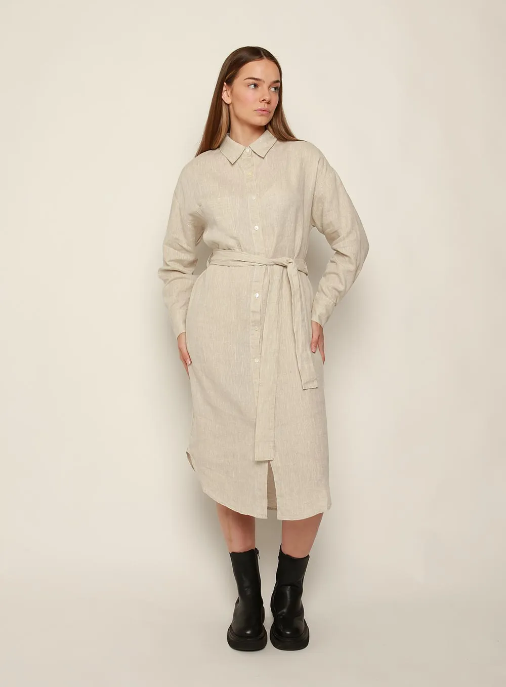 Fiona Midi Linen Dress-OATMEAL