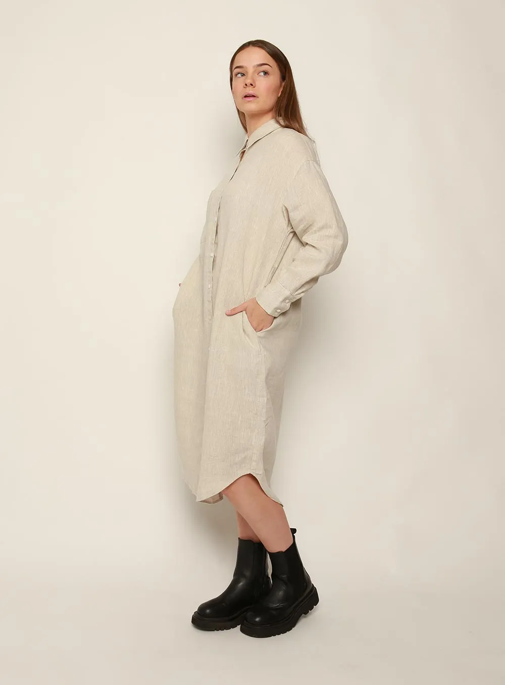 Fiona Midi Linen Dress-OATMEAL
