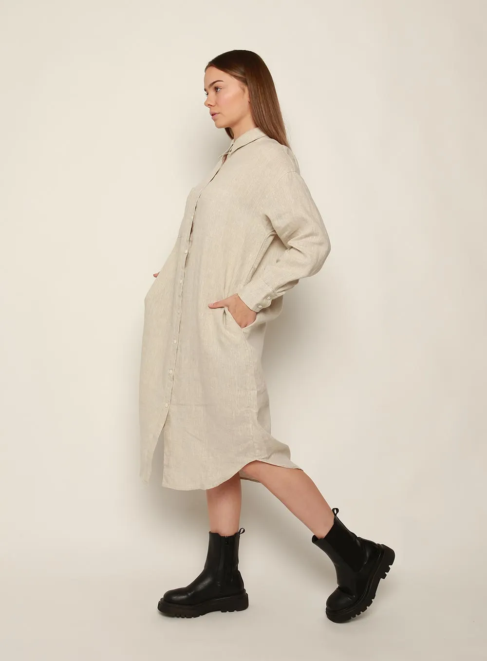 Fiona Midi Linen Dress-OATMEAL
