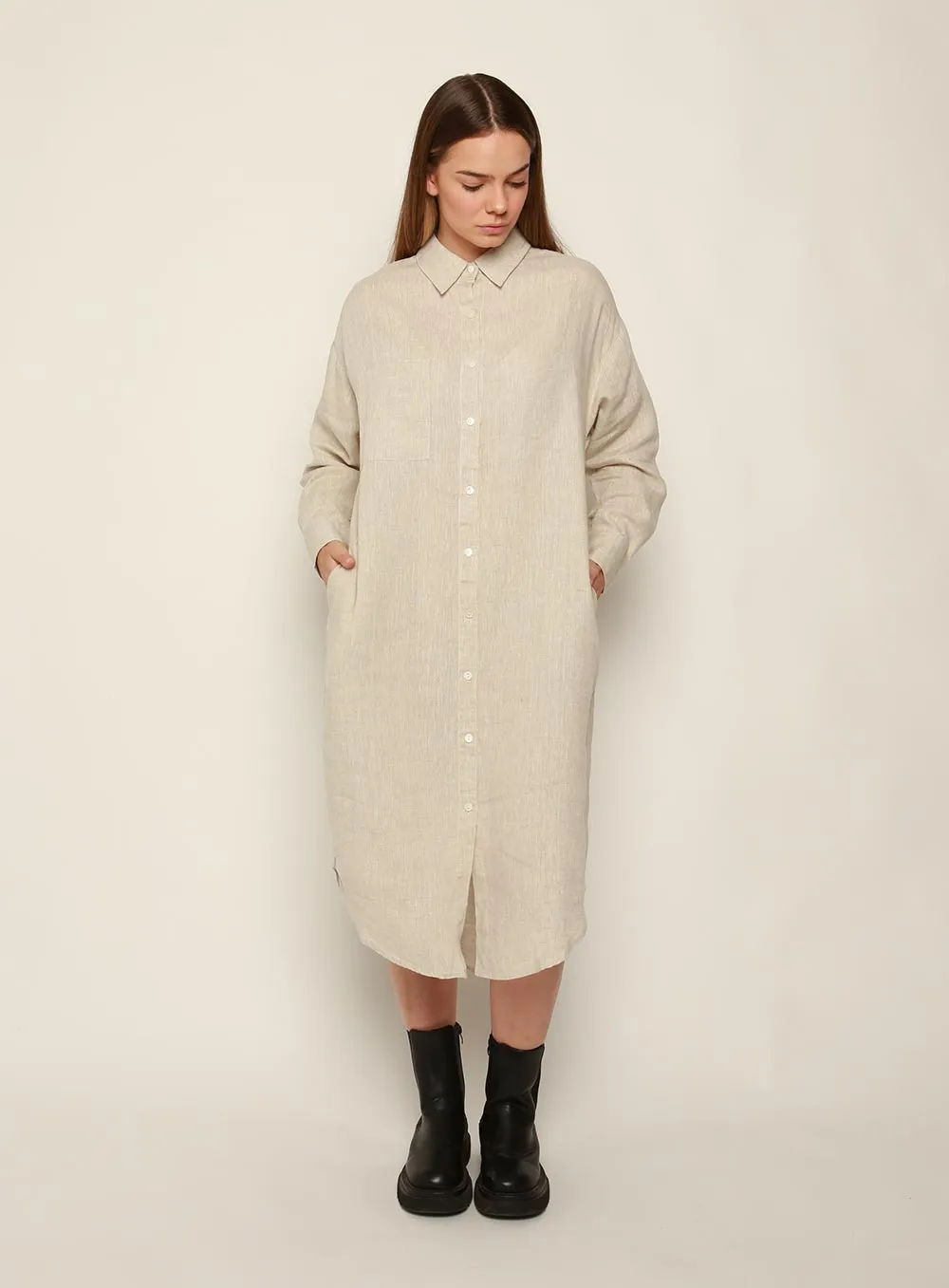 Fiona Midi Linen Dress-OATMEAL